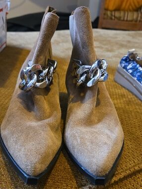 Marc Fisher Tan Suede Pointed Toe Ankle Boots with Silver Chain